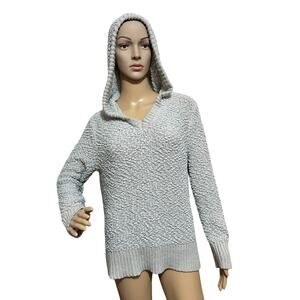 Green Tea Small Gray Popcorn Knit Hooded V-Neck Sweater - Cozy Fashion Essential